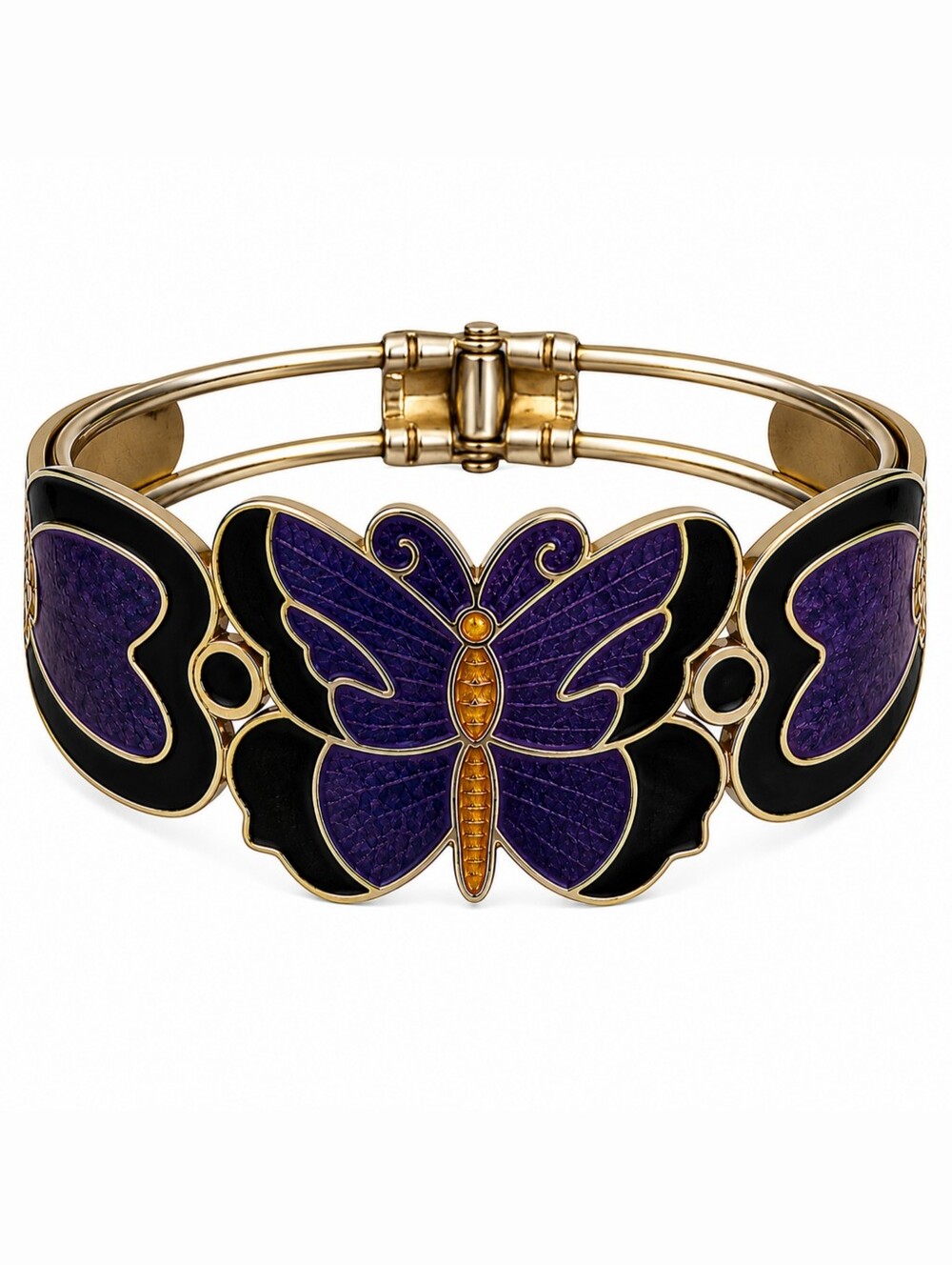 Vintage Cloisonné Butterfly Hinged Bangle Bracelet Purple Black Gold Tone Enamel
